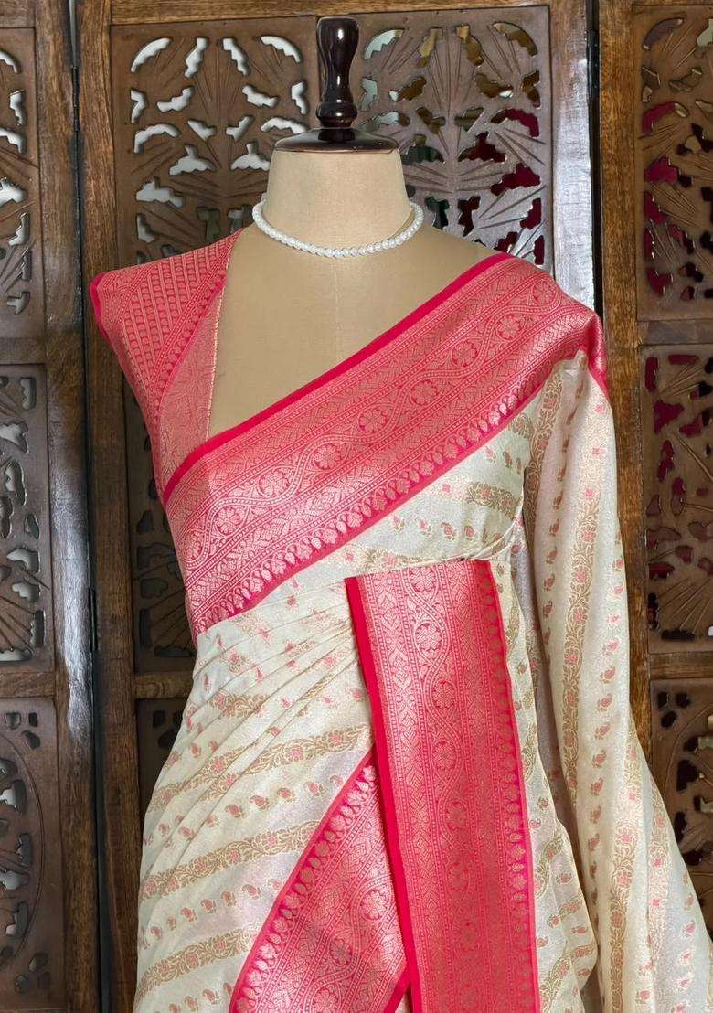 Sandal And Rani Pink Khadial Tissue Banarasi Silk Saree With Traditional Woven Design For Women - Indya