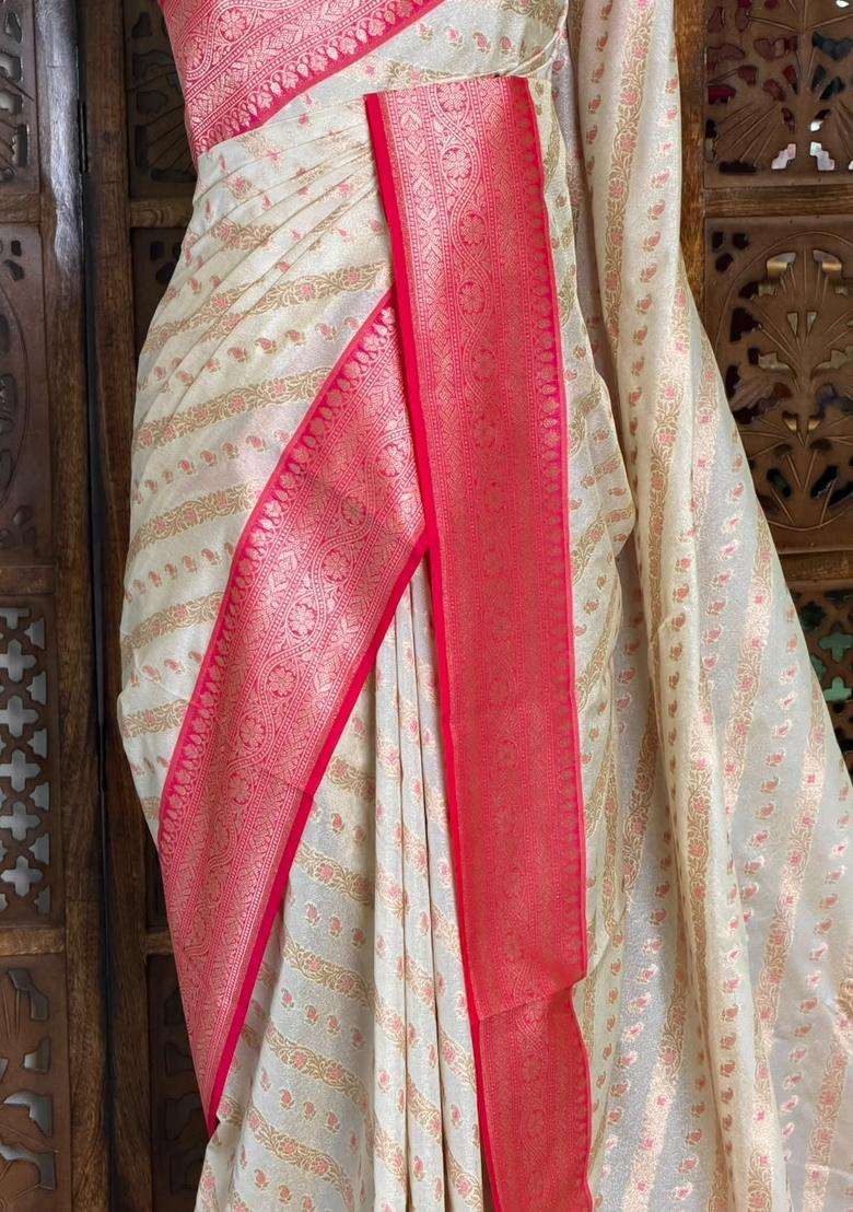 Sandal And Rani Pink Khadial Tissue Banarasi Silk Saree With Traditional Woven Design For Women - Indya