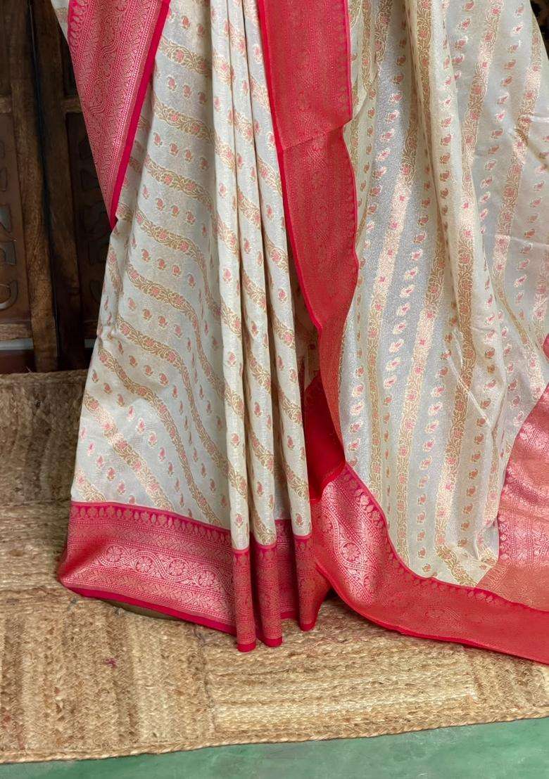 Sandal And Rani Pink Khadial Tissue Banarasi Silk Saree With Traditional Woven Design For Women - Indya