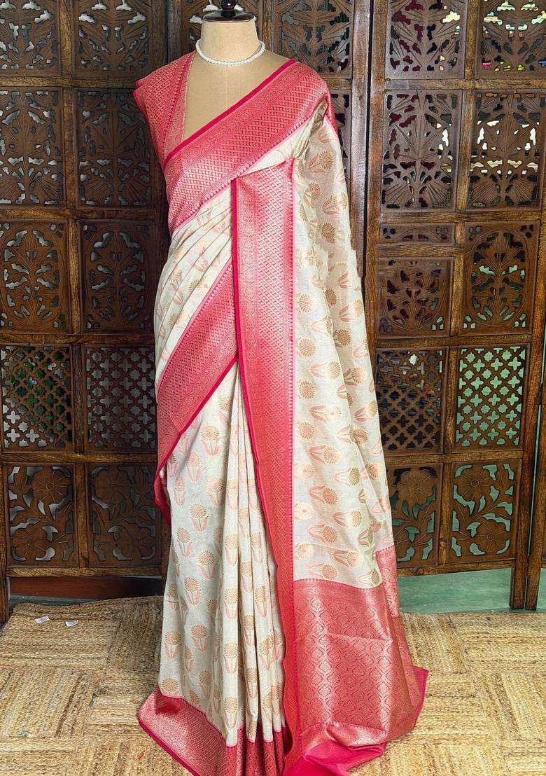 Sandal And Rani Pink Khadial Tissue Banarasi Silk Saree With Traditional Woven Design For Women - Indya