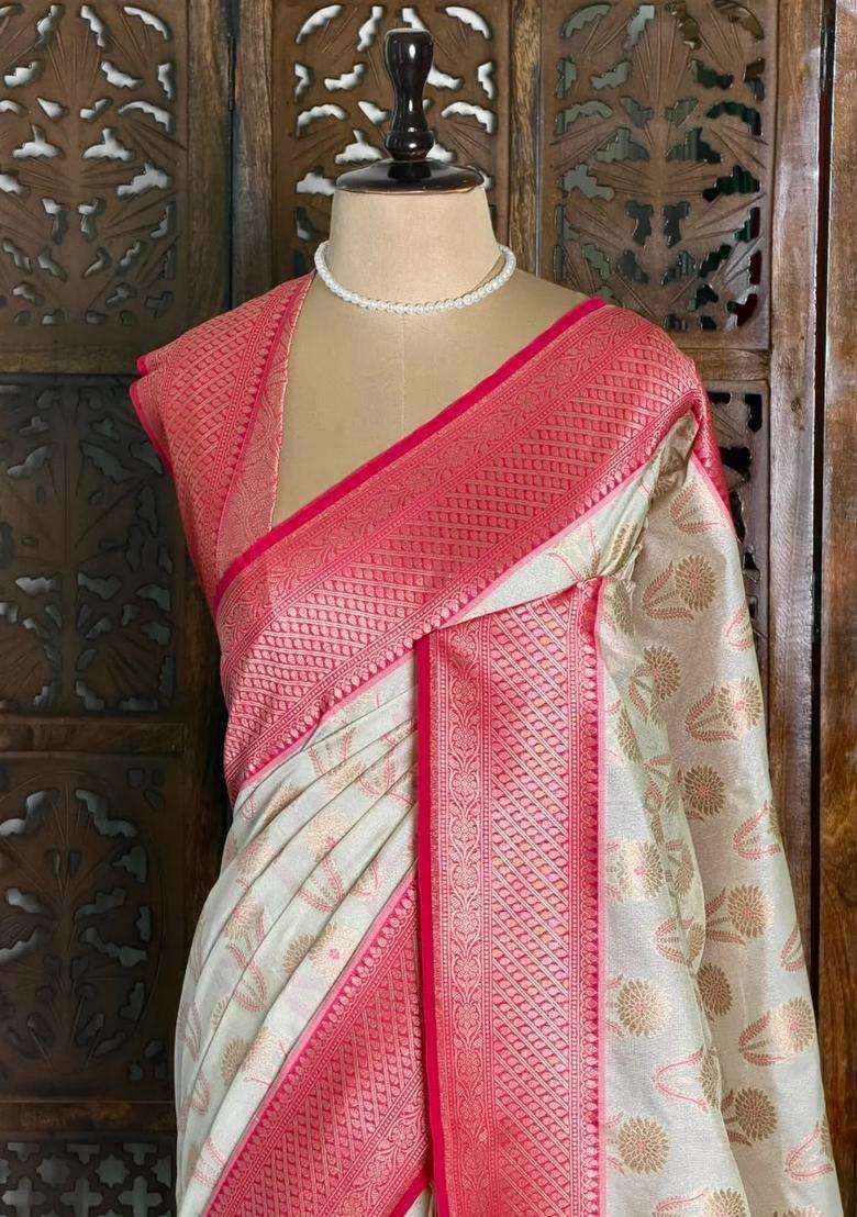 Sandal And Rani Pink Khadial Tissue Banarasi Silk Saree With Traditional Woven Design For Women - Indya