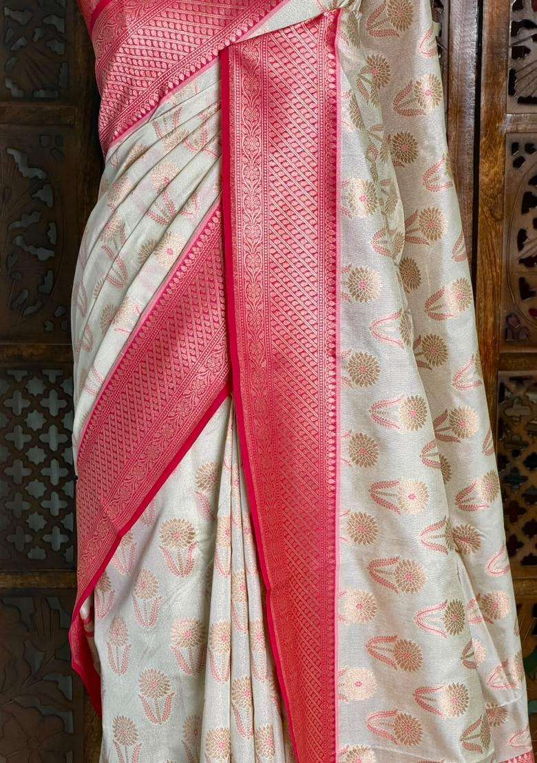 Sandal And Rani Pink Khadial Tissue Banarasi Silk Saree With Traditional Woven Design For Women - Indya