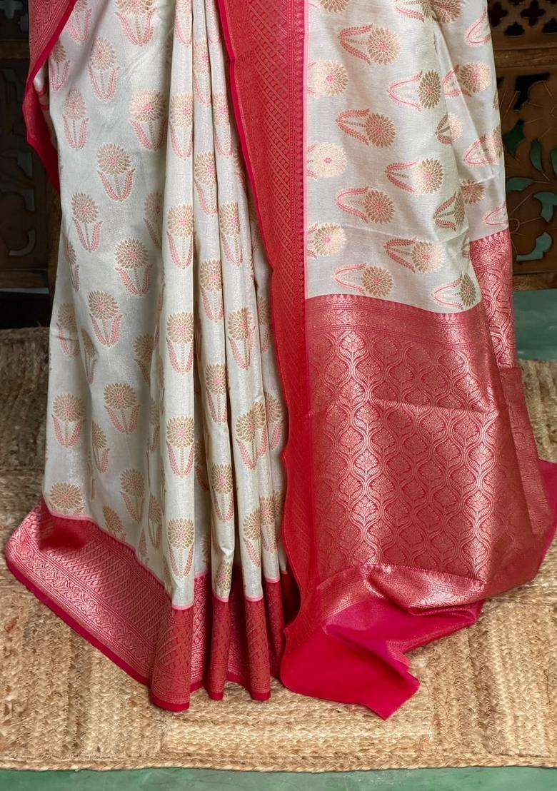 Sandal And Rani Pink Khadial Tissue Banarasi Silk Saree With Traditional Woven Design For Women - Indya