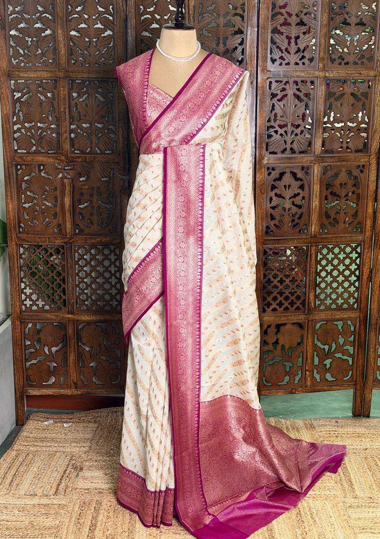 Sandal And Magenta Khadial Tissue Banarasi Silk Saree With Traditional Woven Design For Women - Indya