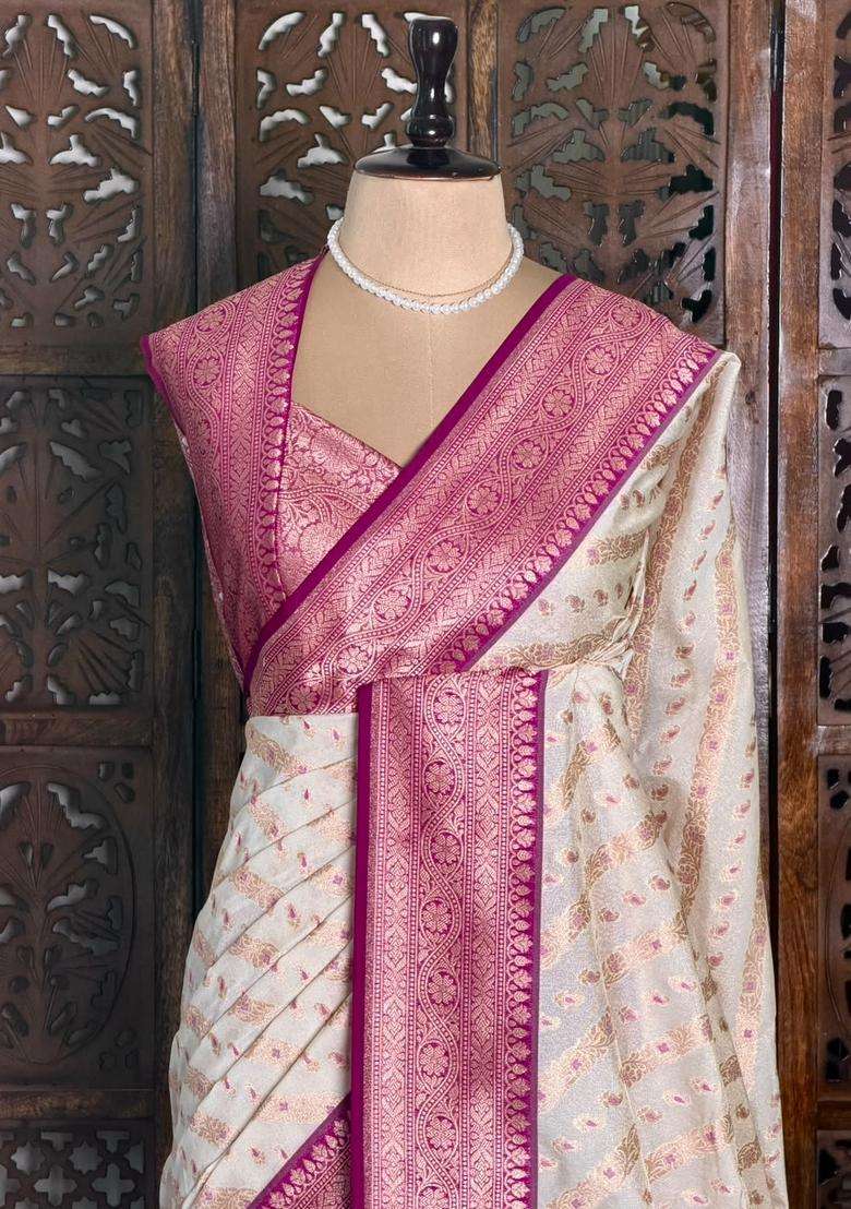Sandal And Magenta Khadial Tissue Banarasi Silk Saree With Traditional Woven Design For Women - Indya