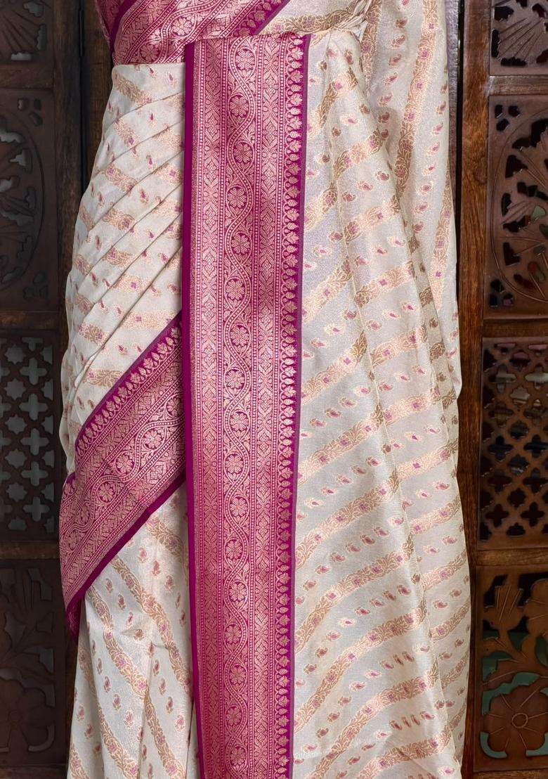 Sandal And Magenta Khadial Tissue Banarasi Silk Saree With Traditional Woven Design For Women - Indya