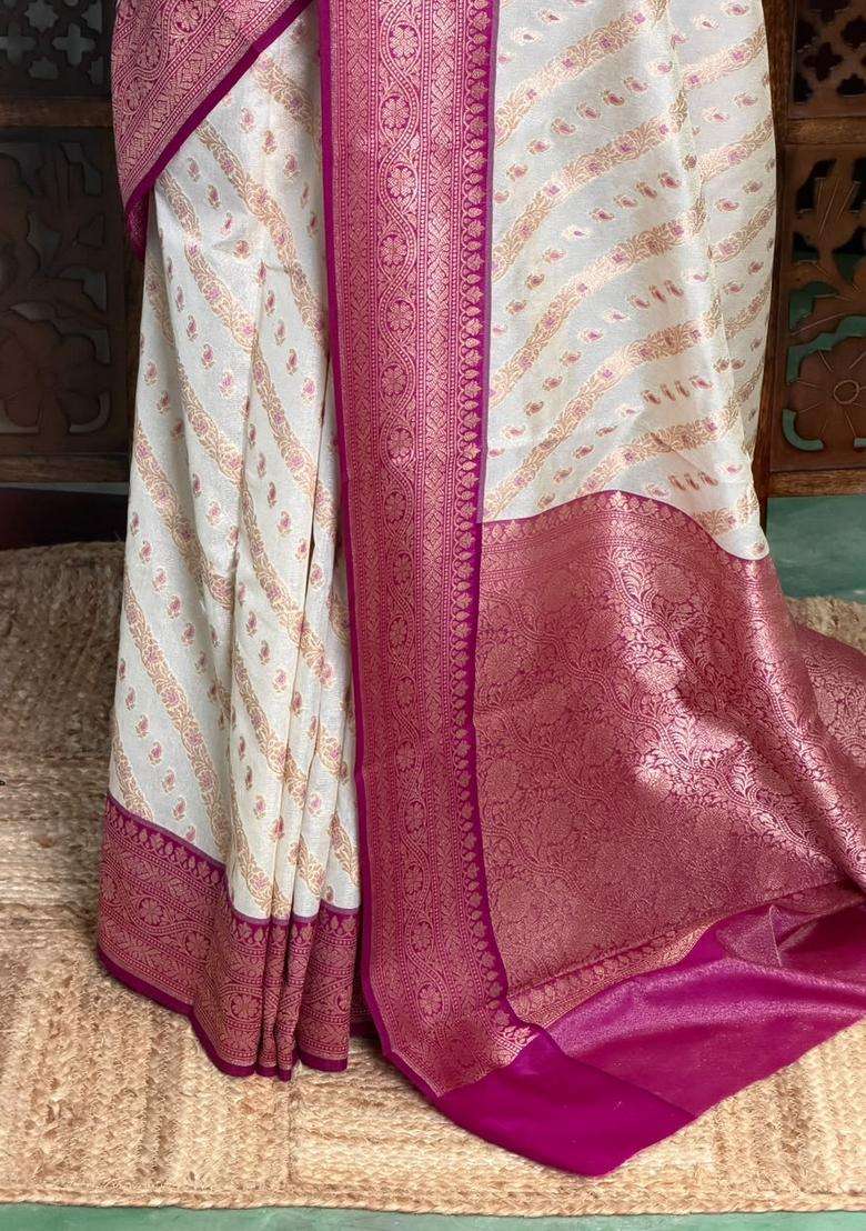 Sandal And Magenta Khadial Tissue Banarasi Silk Saree With Traditional Woven Design For Women - Indya