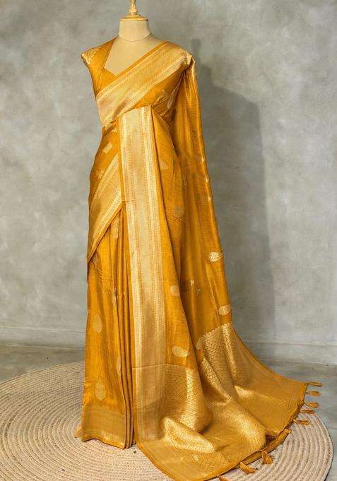 Yellow Viscose Silk Saree With Traditional Woven Design For Women
