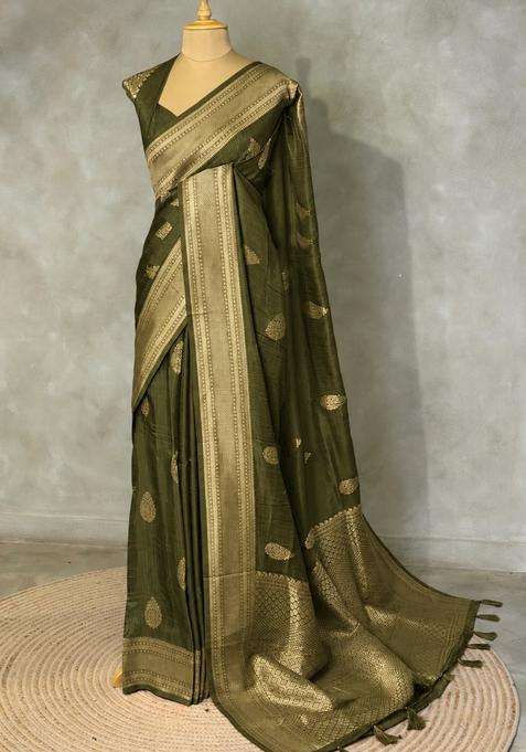 Olive Green Viscose Silk Saree With Traditional Woven Design For Women