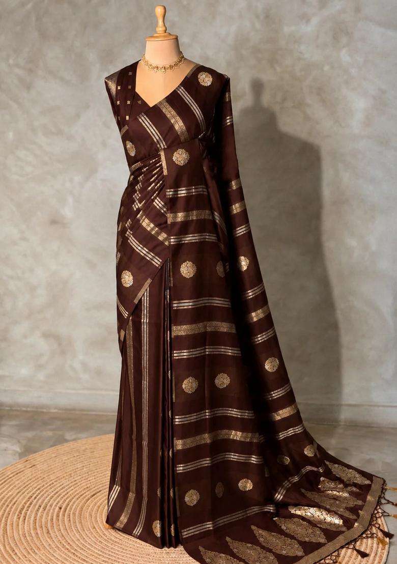 Brown Banarasi Satin Silk Saree With Traditional Woven Design For Women - Indya