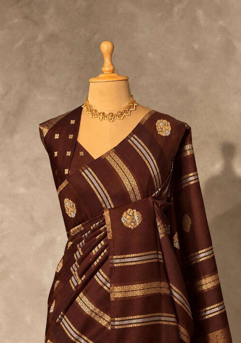 Brown Banarasi Satin Silk Saree With Traditional Woven Design For Women - Indya