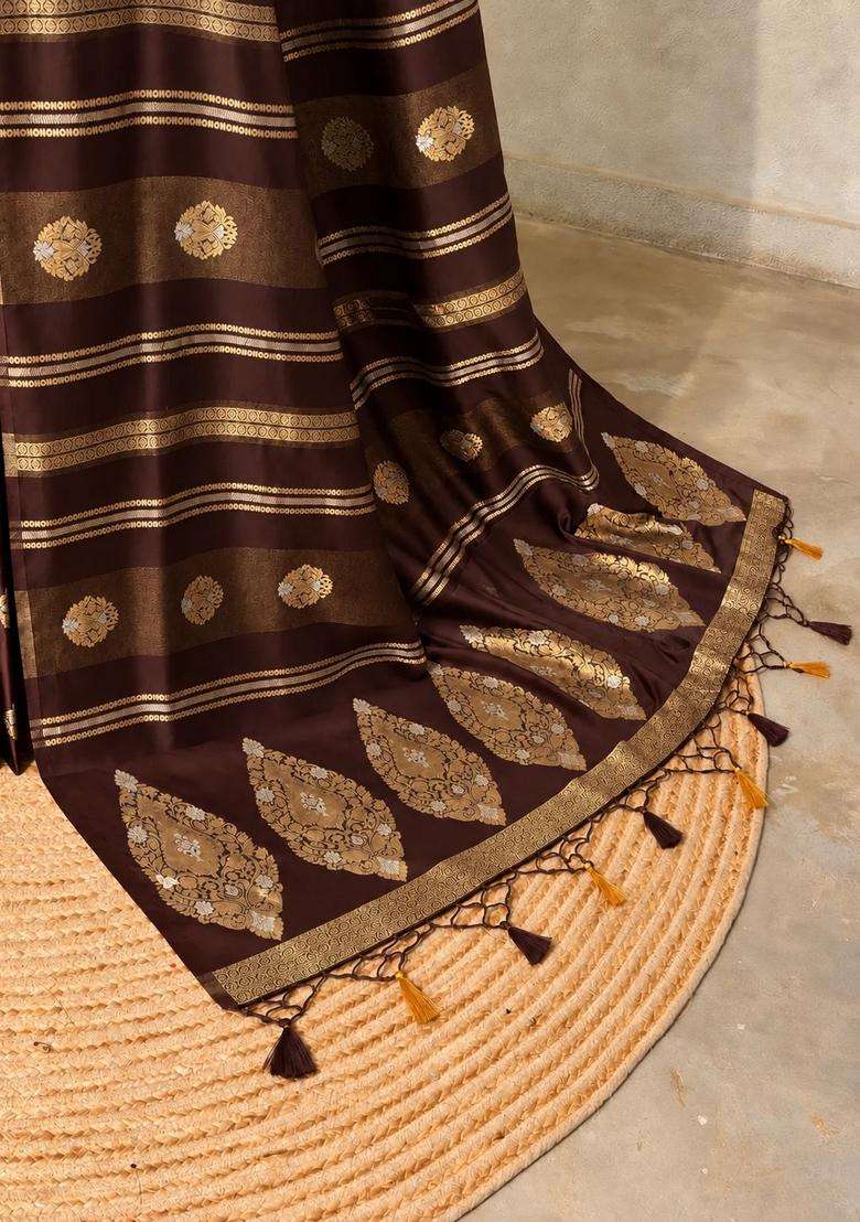 Brown Banarasi Satin Silk Saree With Traditional Woven Design For Women - Indya