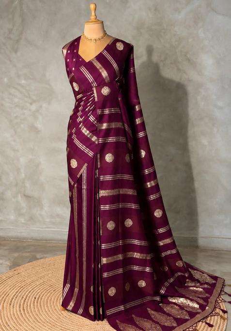 Wine Banarasi Satin Silk Saree With Traditional Woven Design For Women