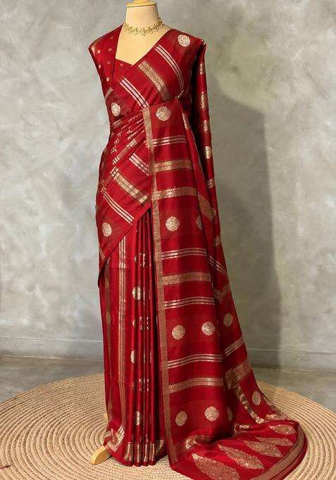 Red Banarasi Satin Silk Saree With Traditional Woven Design For Women