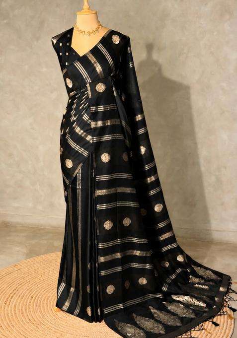 Black Banarasi Satin Silk Saree With Traditional Woven Design For Women