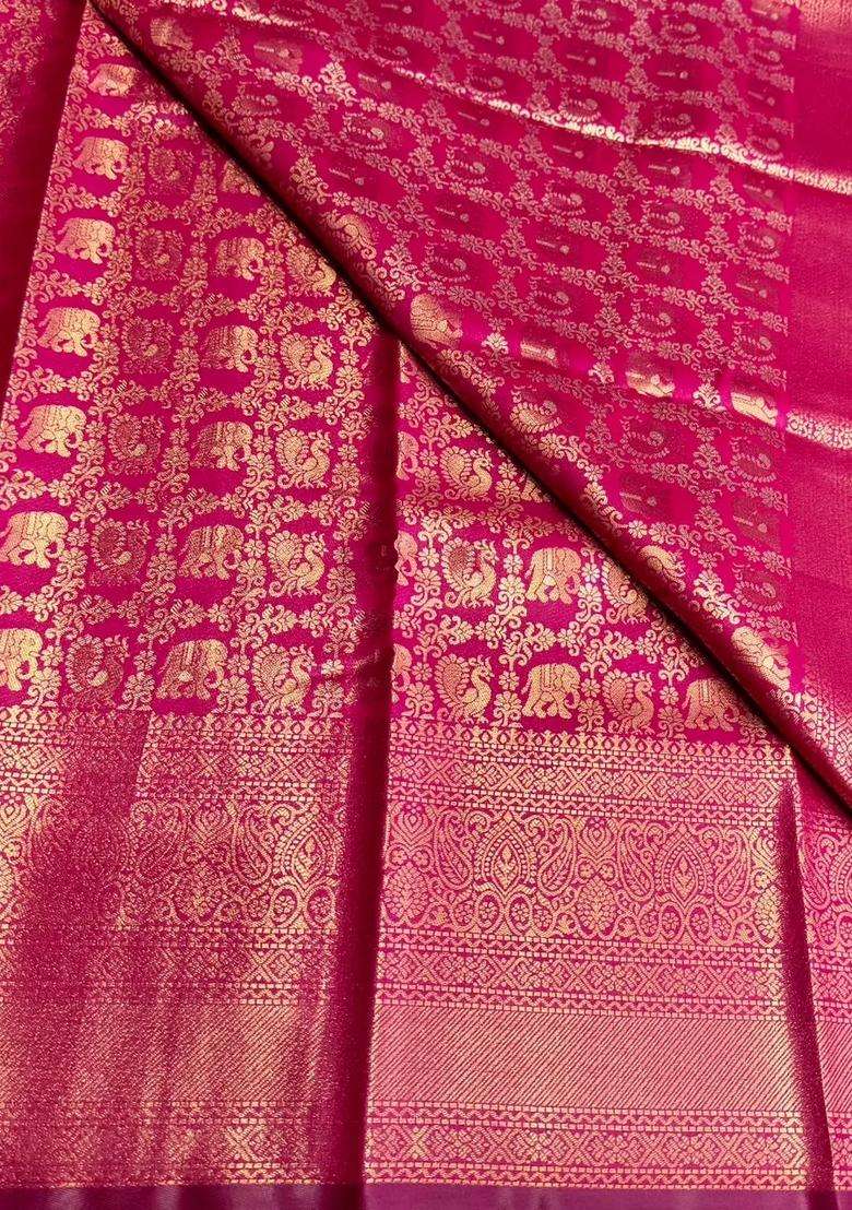 Rani Pink Tissue Kanchipuram Saree With Traditional Woven Design For Women - Indya