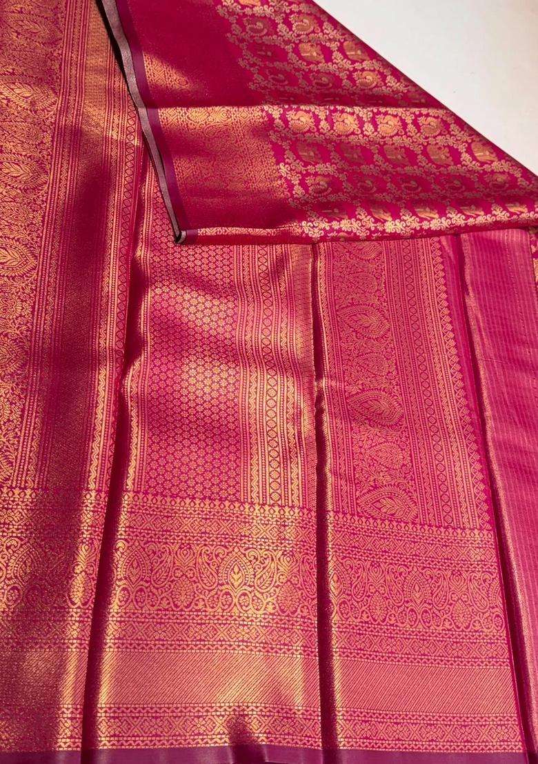 Rani Pink Tissue Kanchipuram Saree With Traditional Woven Design For Women - Indya