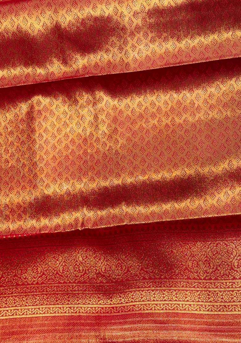Red Tissue Kanchipuram Saree With Traditional Woven Design For Women - Indya