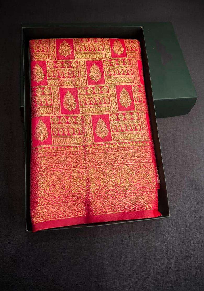 Rani Pink Tissue Kanchipuram Saree With Traditional Woven Design For Women - Indya