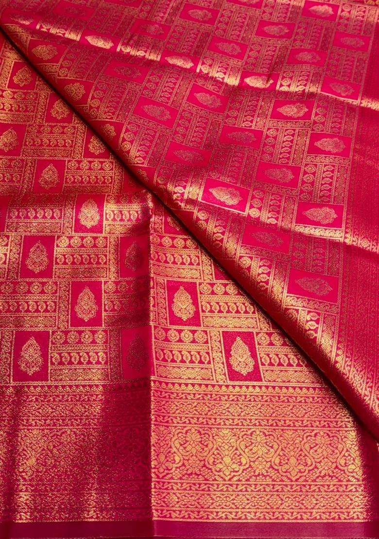 Rani Pink Tissue Kanchipuram Saree With Traditional Woven Design For Women - Indya