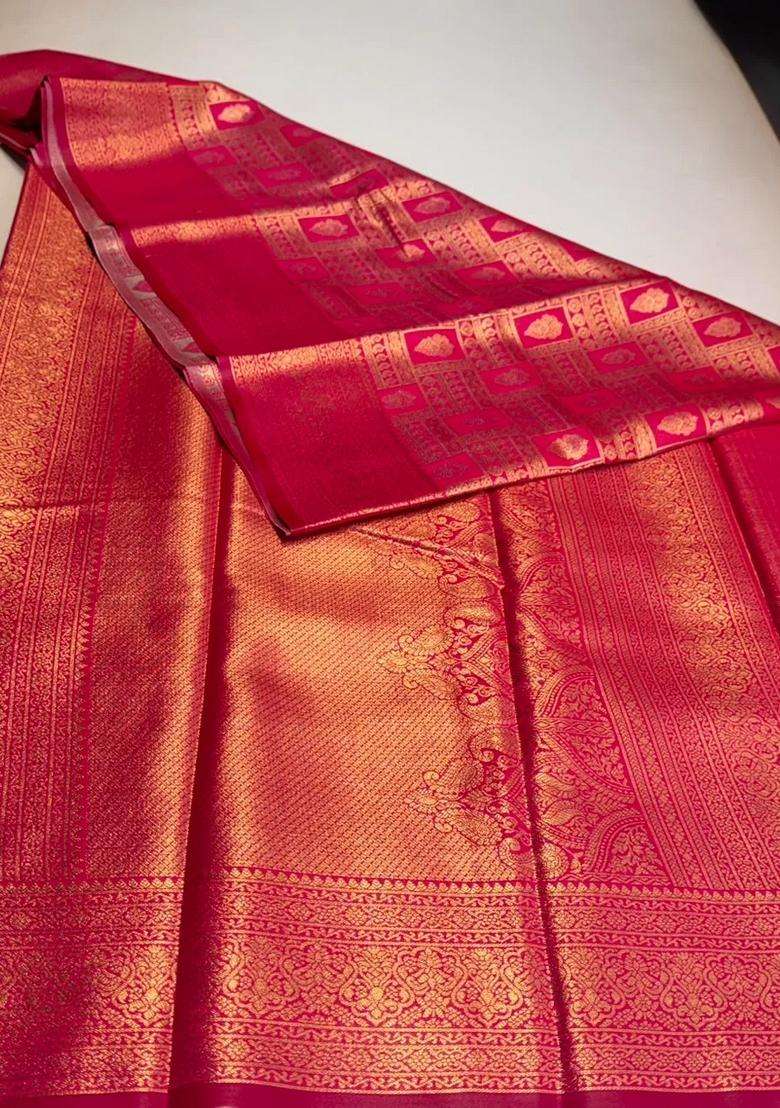 Rani Pink Tissue Kanchipuram Saree With Traditional Woven Design For Women - Indya