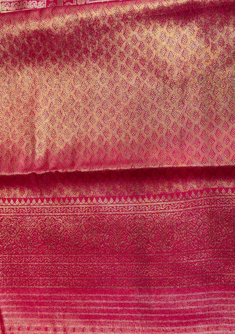 Rani Pink Tissue Kanchipuram Saree With Traditional Woven Design For Women - Indya