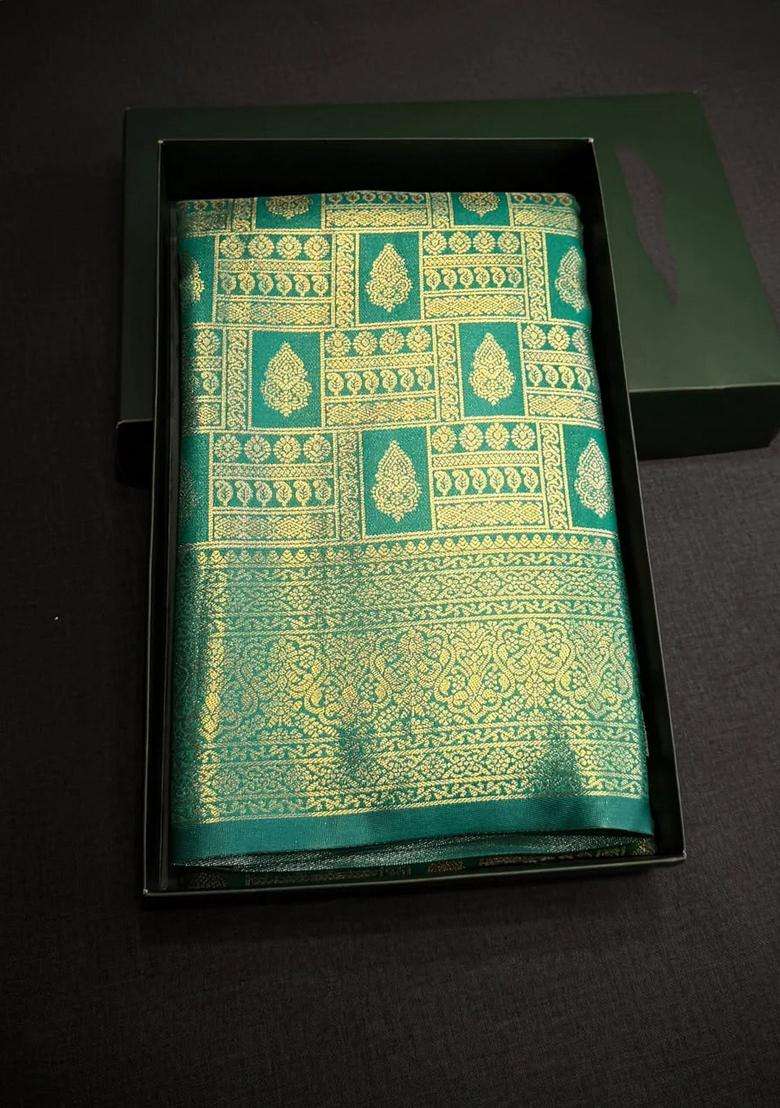 Peacock Green Tissue Kanchipuram Saree With Traditional Woven Design For Women - Indya