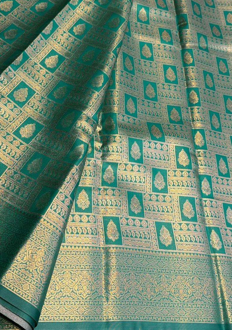 Peacock Green Tissue Kanchipuram Saree With Traditional Woven Design For Women - Indya