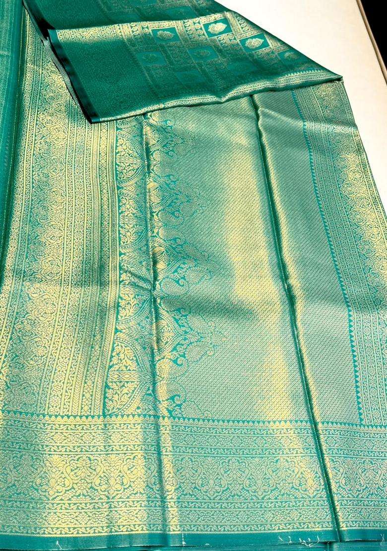 Peacock Green Tissue Kanchipuram Saree With Traditional Woven Design For Women - Indya