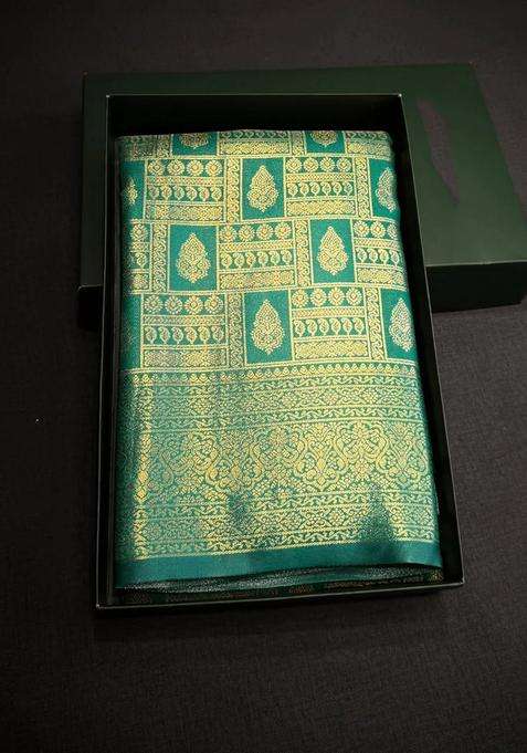 Peacock Green Tissue Kanchipuram Saree With Traditional Woven Design For Women