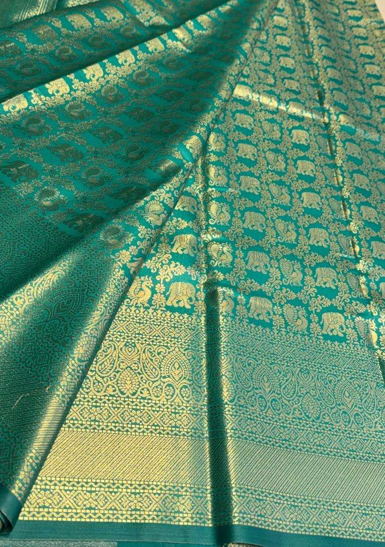 Peacock Green Tissue Kanchipuram Saree With Traditional Woven Design For Women - Indya
