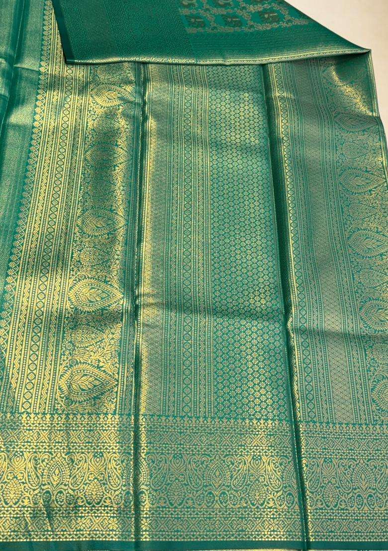 Peacock Green Tissue Kanchipuram Saree With Traditional Woven Design For Women - Indya