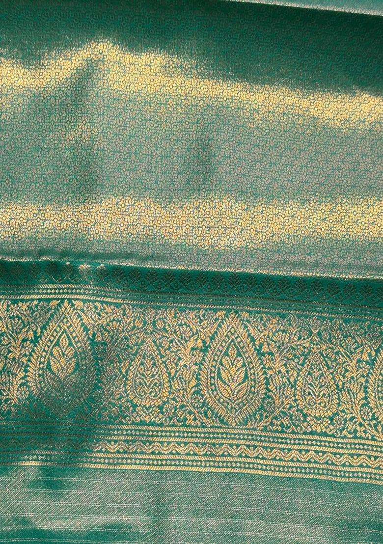 Peacock Green Tissue Kanchipuram Saree With Traditional Woven Design For Women - Indya