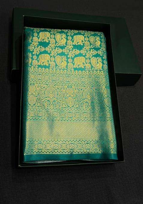 Peacock Green Tissue Kanchipuram Saree With Traditional Woven Design For Women