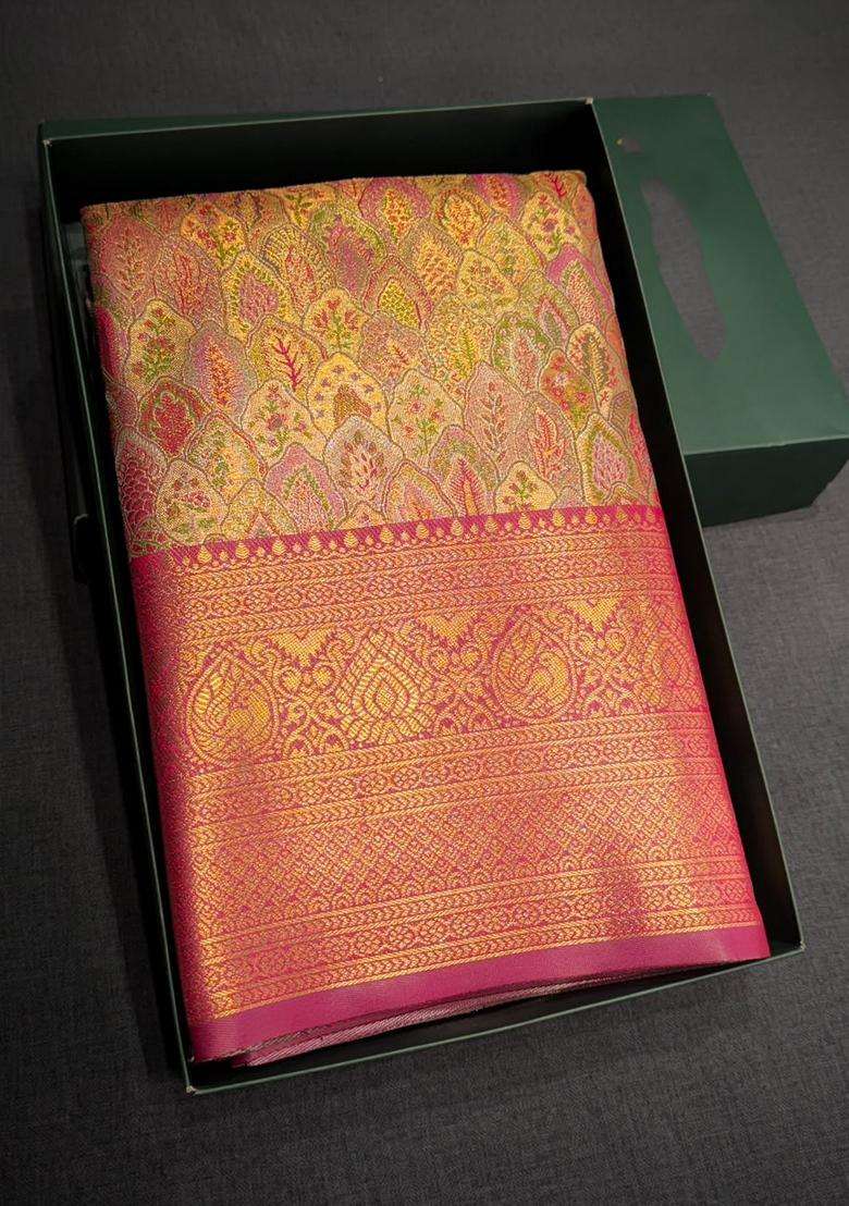 Dark Pink Tissue Kanchipuram Saree With Traditional Woven Design For Women - Indya