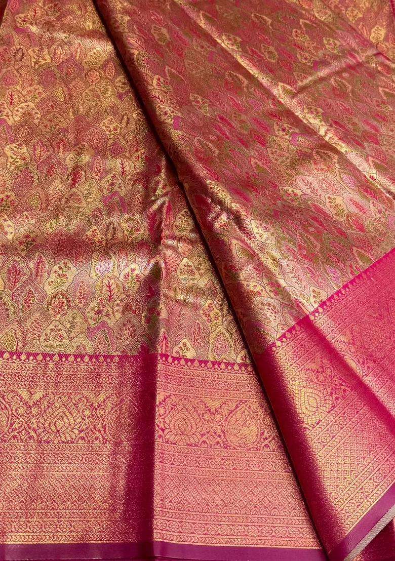 Dark Pink Tissue Kanchipuram Saree With Traditional Woven Design For Women - Indya