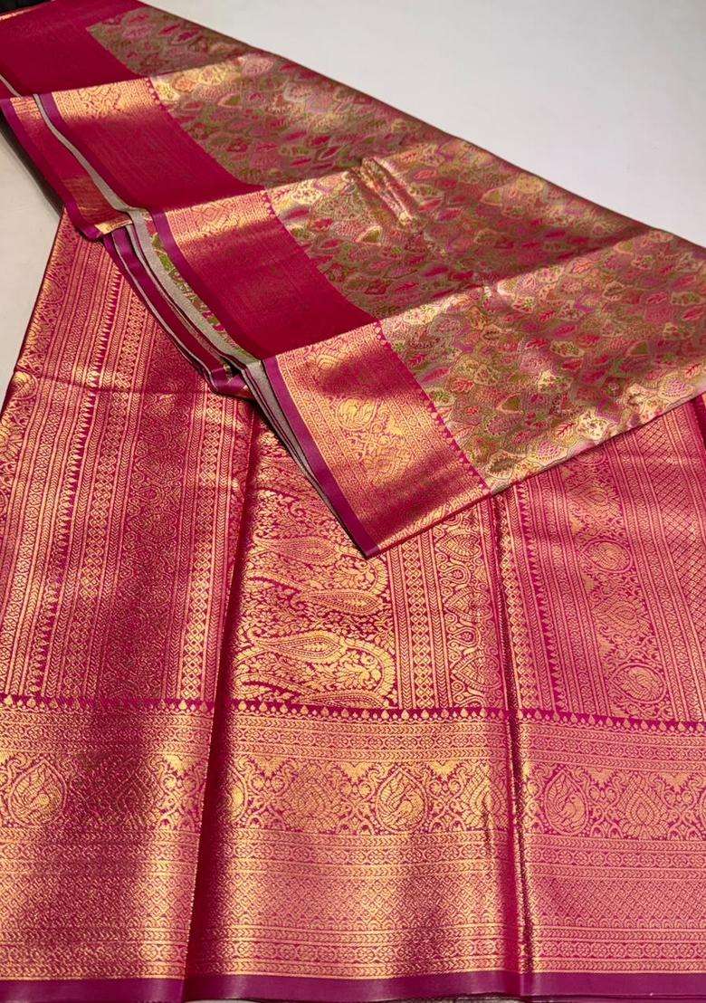 Dark Pink Tissue Kanchipuram Saree With Traditional Woven Design For Women - Indya