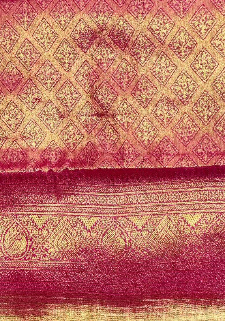 Dark Pink Tissue Kanchipuram Saree With Traditional Woven Design For Women - Indya