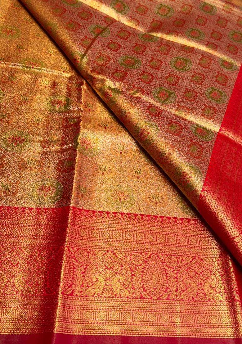 Red Tissue Kanchipuram Saree With Traditional Woven Design For Women - Indya