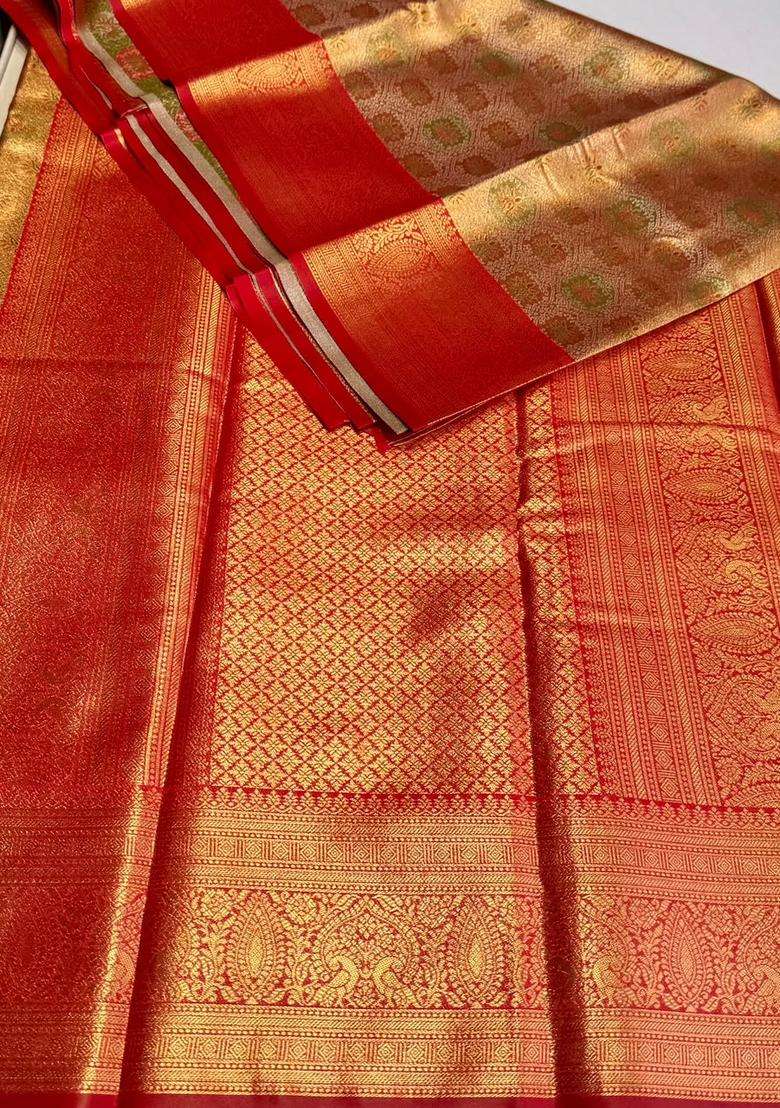 Red Tissue Kanchipuram Saree With Traditional Woven Design For Women - Indya
