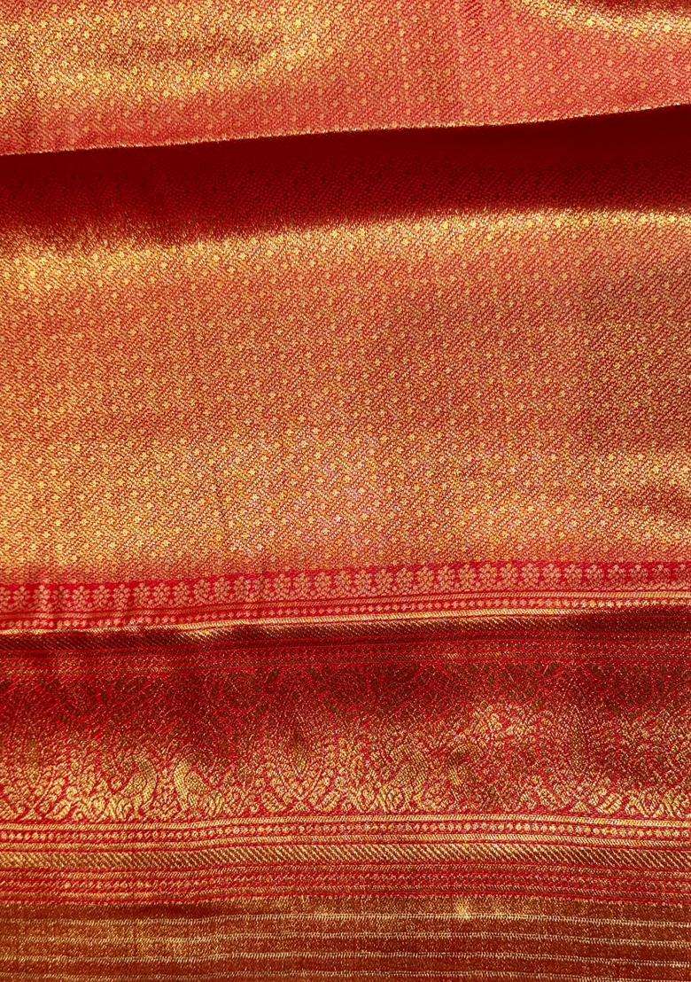 Red Tissue Kanchipuram Saree With Traditional Woven Design For Women - Indya