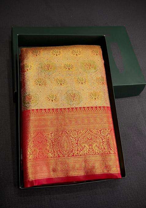 Red Tissue Kanchipuram Saree With Traditional Woven Design For Women