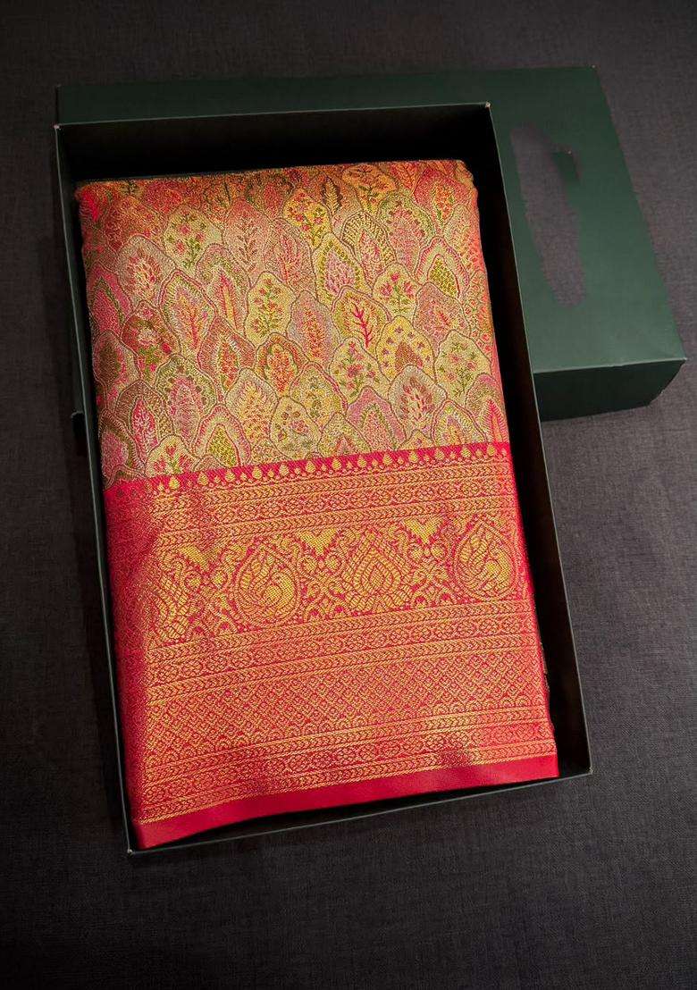 Red Tissue Kanchipuram Saree With Traditional Woven Design For Women - Indya