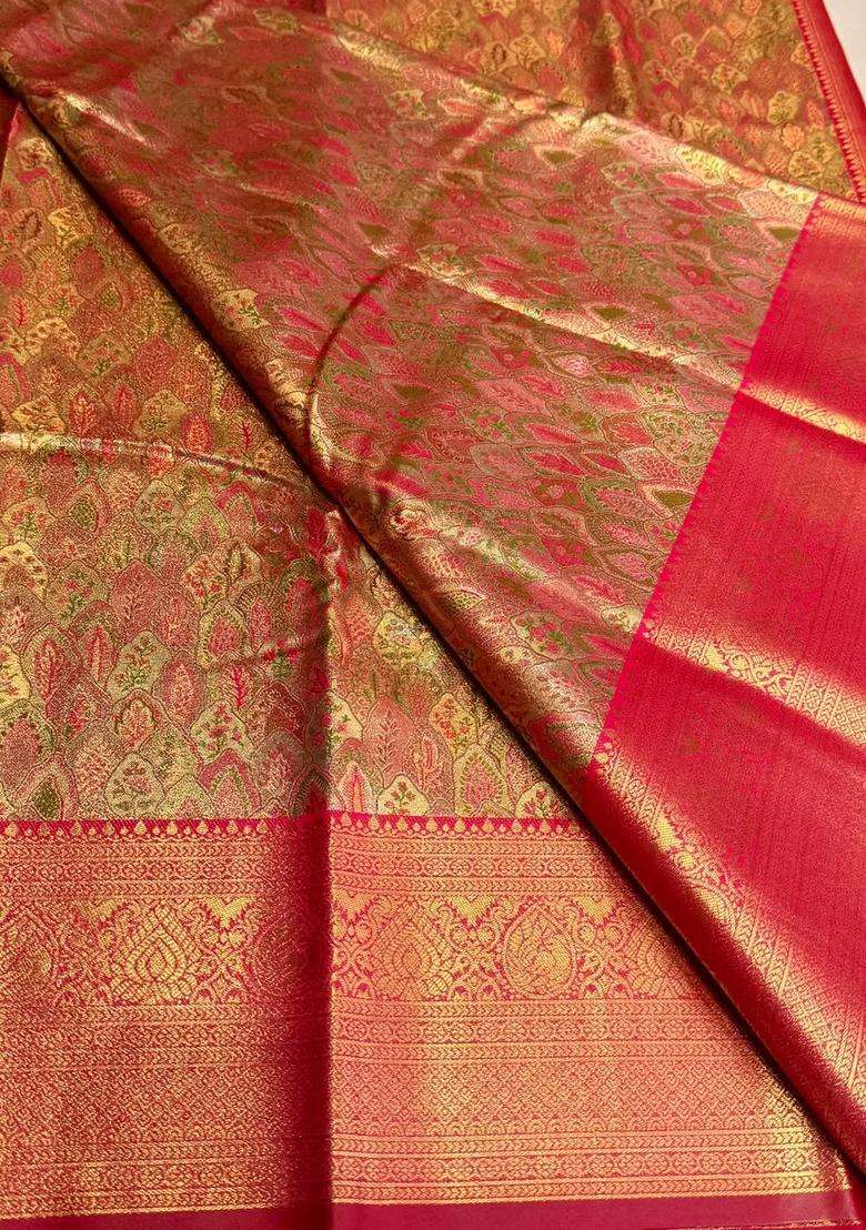 Red Tissue Kanchipuram Saree With Traditional Woven Design For Women - Indya