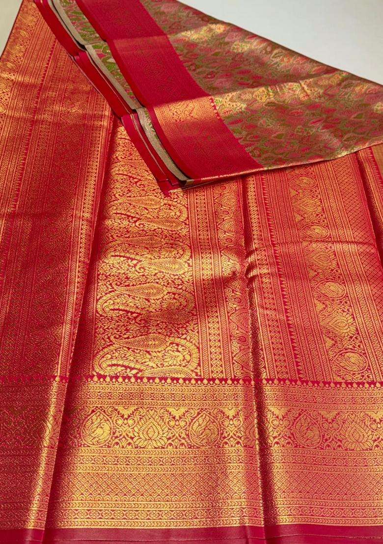Red Tissue Kanchipuram Saree With Traditional Woven Design For Women - Indya