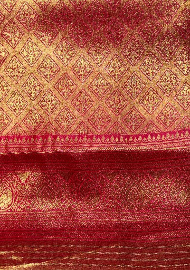 Red Tissue Kanchipuram Saree With Traditional Woven Design For Women - Indya