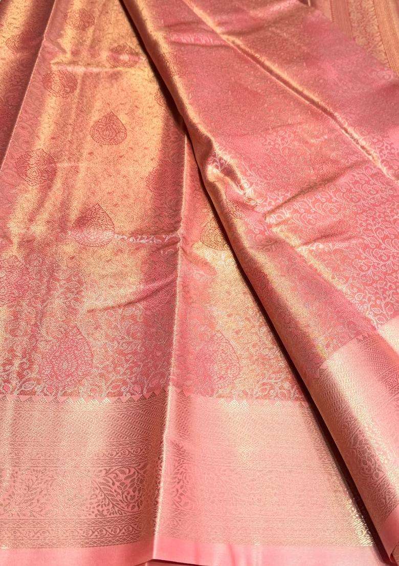 Pink Tissue Kanchipuram Saree With Traditional Woven Design For Women - Indya
