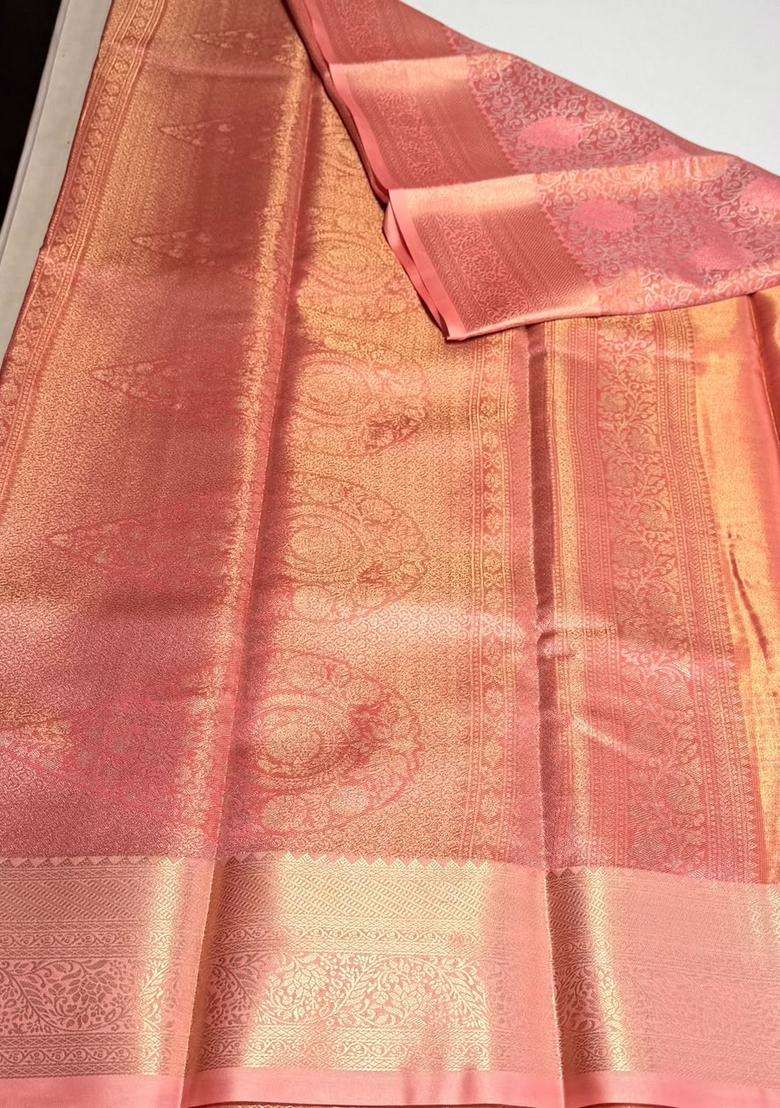Pink Tissue Kanchipuram Saree With Traditional Woven Design For Women - Indya