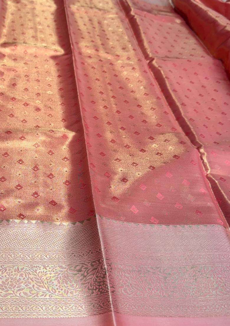 Pink Tissue Kanchipuram Saree With Traditional Woven Design For Women - Indya