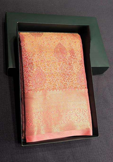 Pink Tissue Kanchipuram Saree With Traditional Woven Design For Women